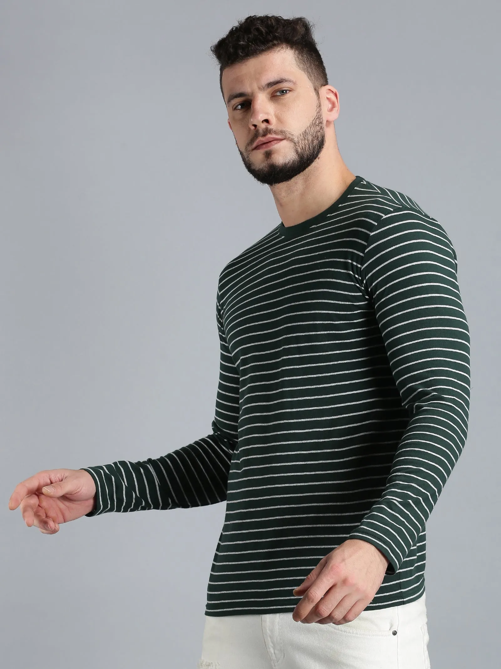 Men Dark Green Yarn Dyed Stripes Round Neck Recycled Cotton Full Sleeve Regular Fit Casual T-Shirt