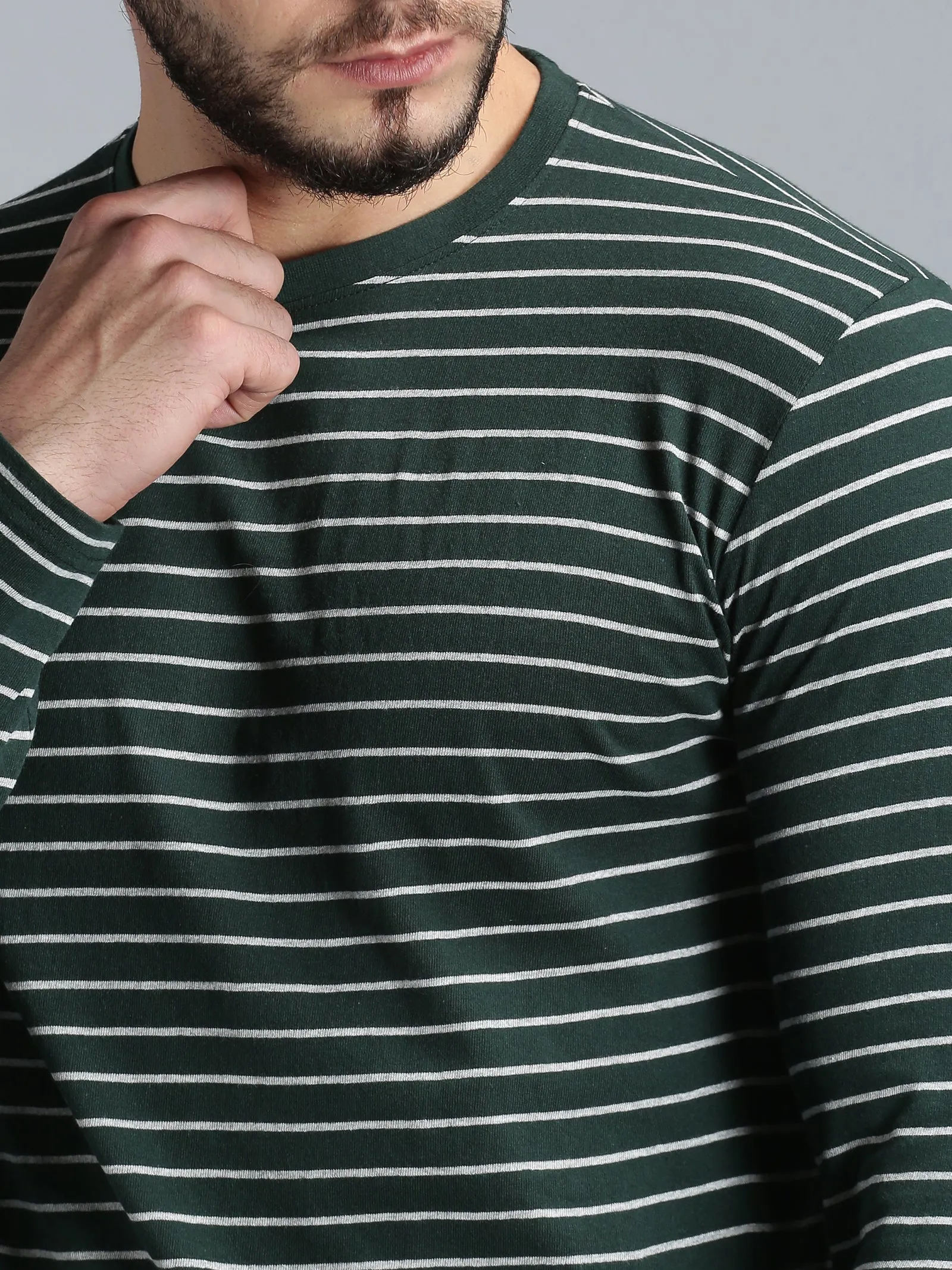 Men Dark Green Yarn Dyed Stripes Round Neck Recycled Cotton Full Sleeve Regular Fit Casual T-Shirt