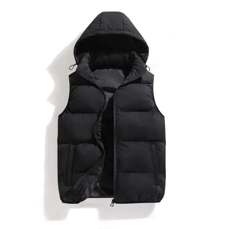 Men Solid Thicken Sleeveless Down Hooded Vests Jackets Fashion Male Outdoor Winter Casual Waistcoat Windproof Comfortable Jacket