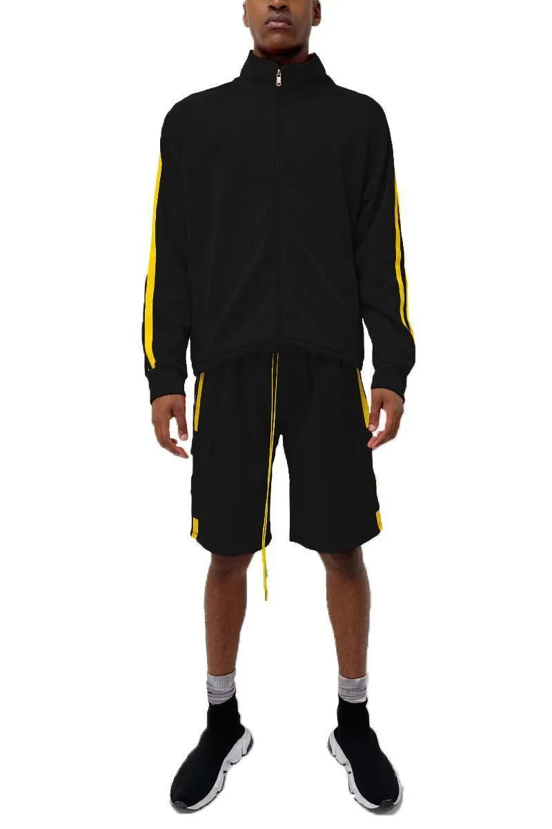 Mens Black Yellow Two Stripe Jacket Cargo Short Set