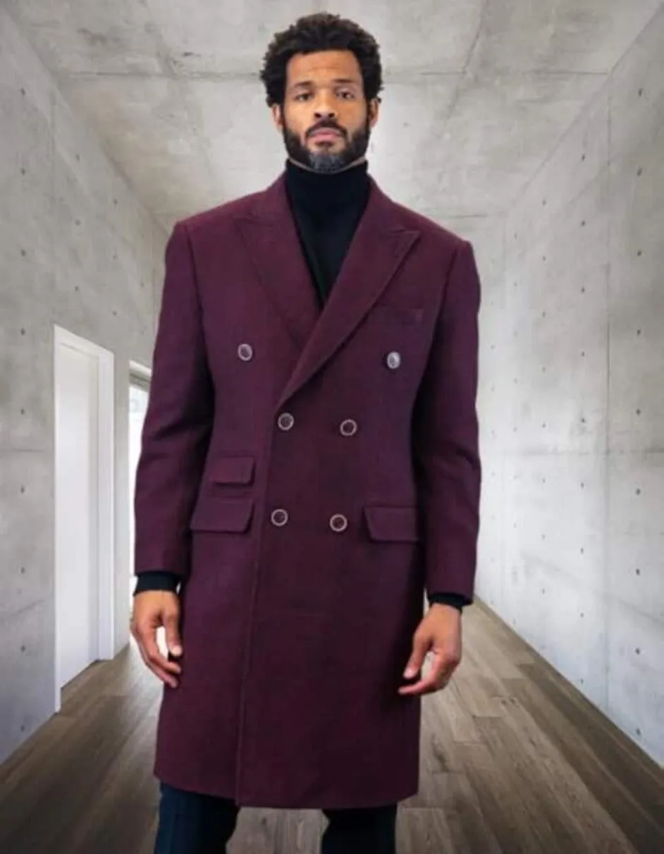 Mens Overcoat - Topcoat For Men - Winter Fabric - Statement Double Breasted Burgundy Overcoat