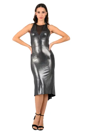 Metallic Fishtail Tango Dress With Mesh V-Neck