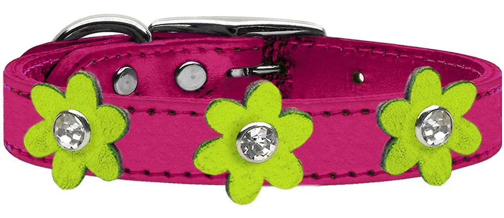 Metallic Flower Leather Collar Metallic Pink With Metallic Lime Green Flowers Size 10