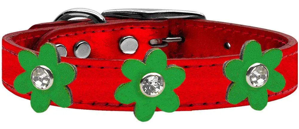 Metallic Flower Leather Collar Metallic Red With Metallic Emerald Green Flowers Size 26