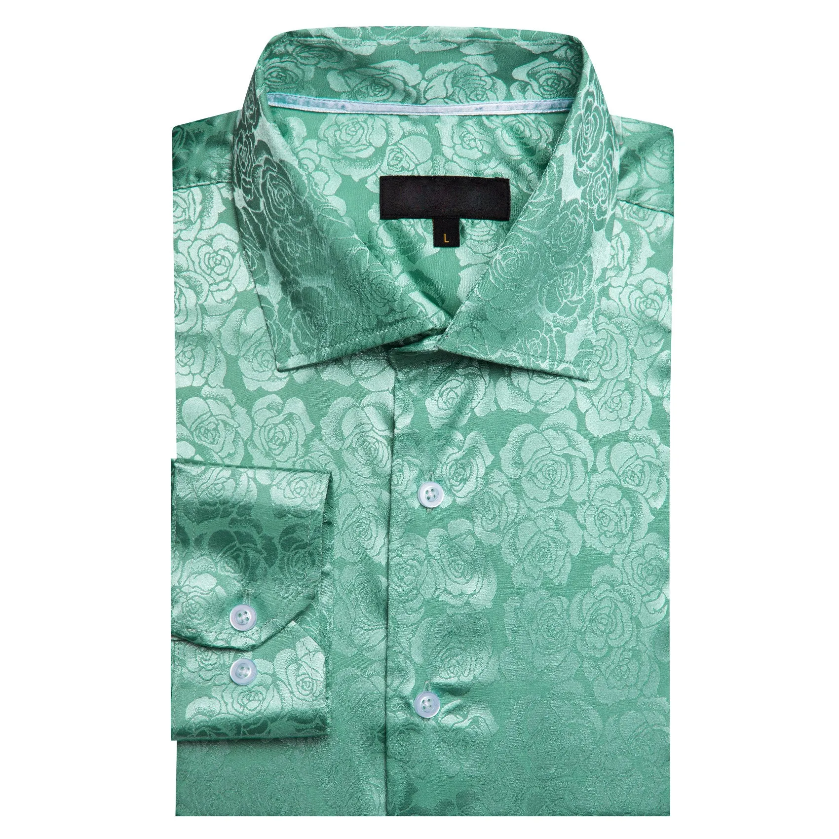 Mint Green Floral Rose Silk Men's Long Sleeve Shirt