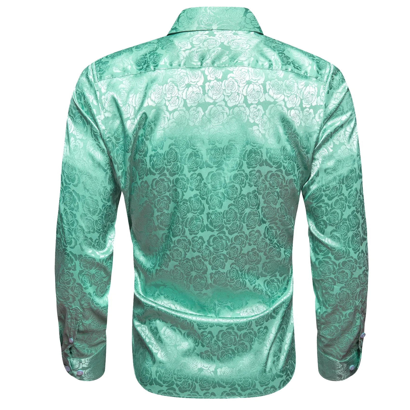 Mint Green Floral Rose Silk Men's Long Sleeve Shirt