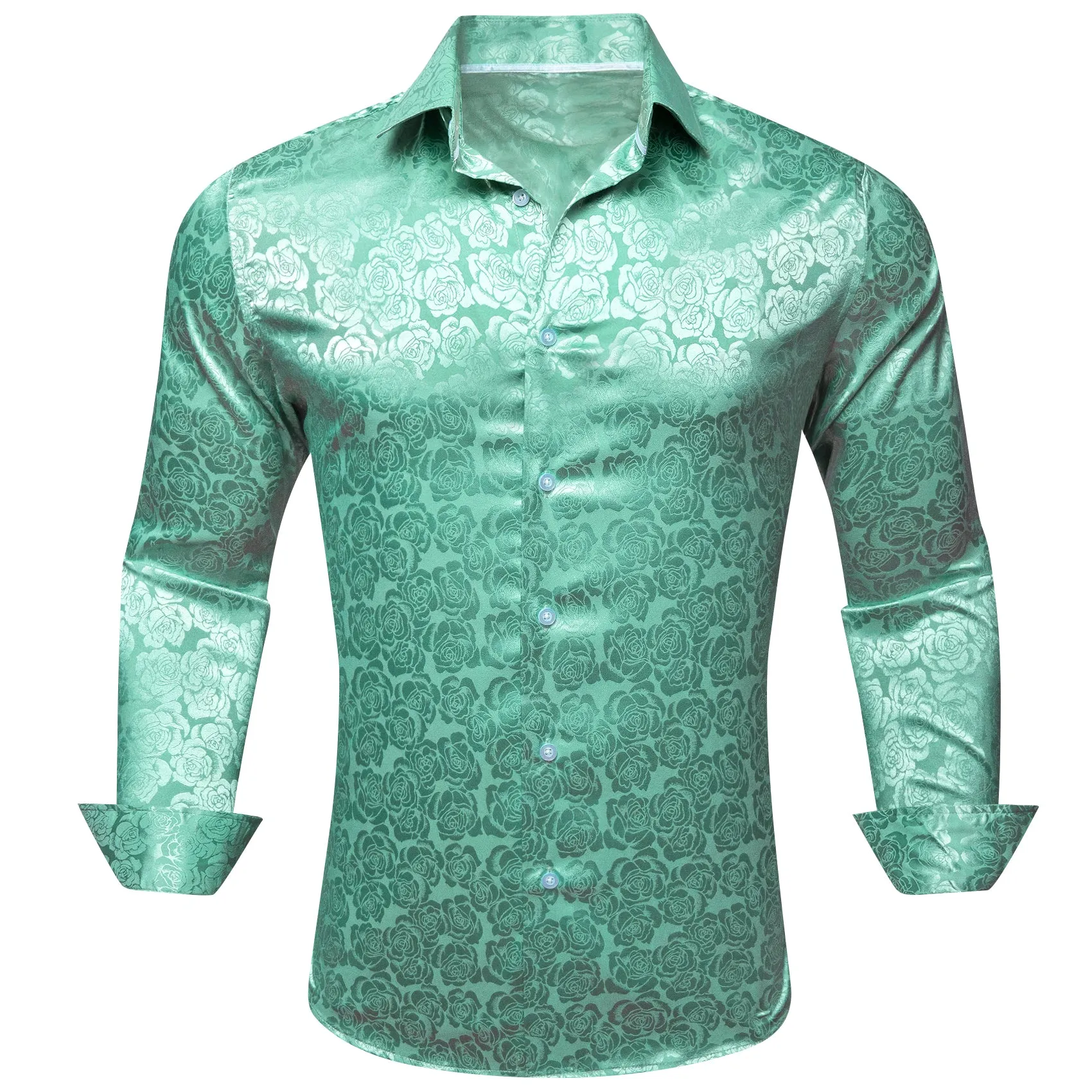 Mint Green Floral Rose Silk Men's Long Sleeve Shirt