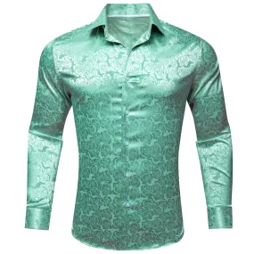 Mint Green Floral Rose Silk Men's Long Sleeve Shirt