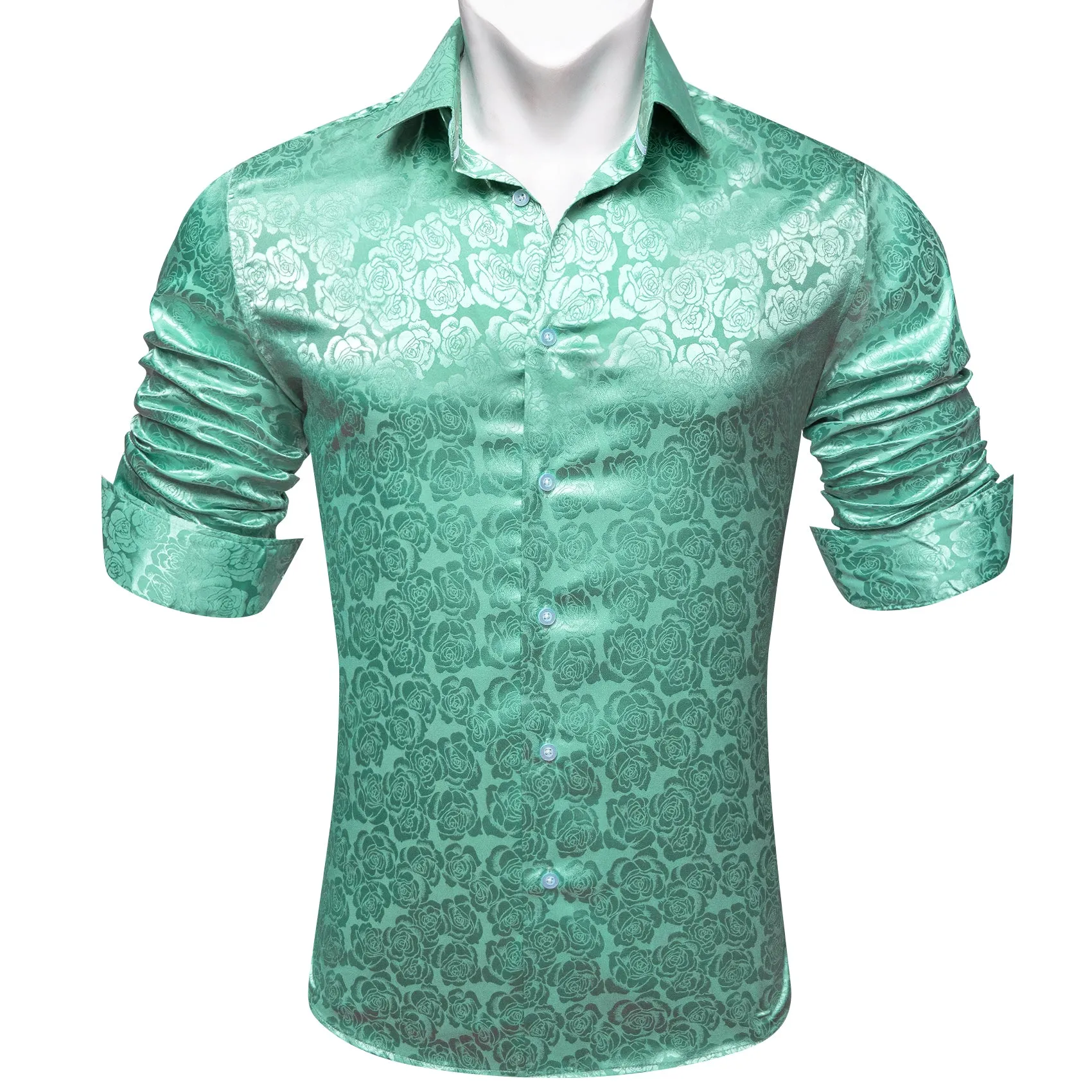 Mint Green Floral Rose Silk Men's Long Sleeve Shirt