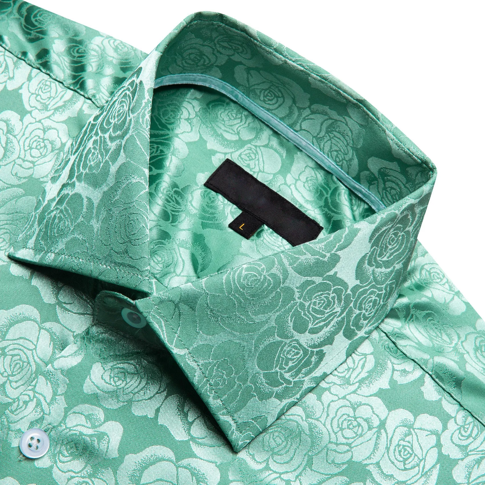 Mint Green Floral Rose Silk Men's Long Sleeve Shirt