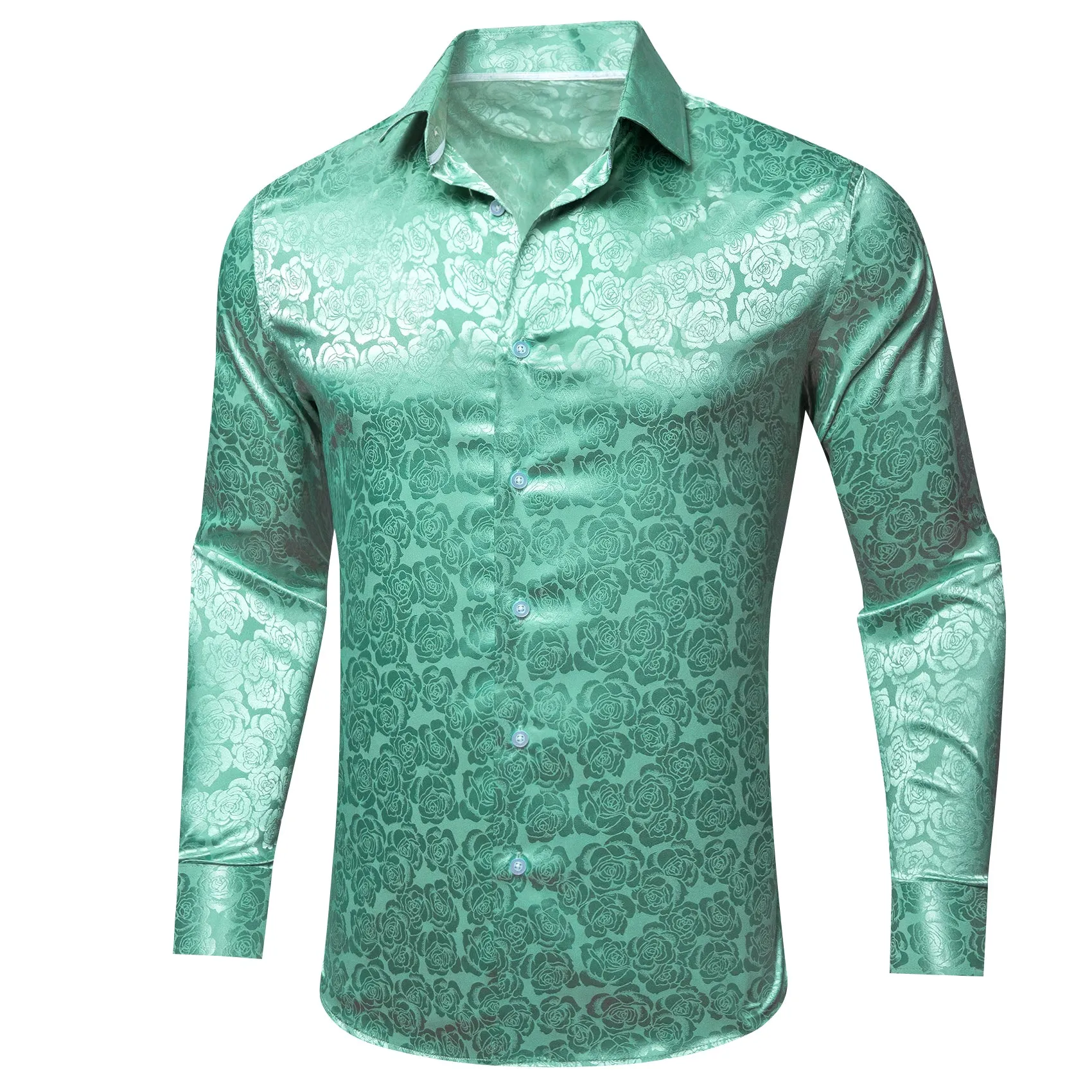 Mint Green Floral Rose Silk Men's Long Sleeve Shirt