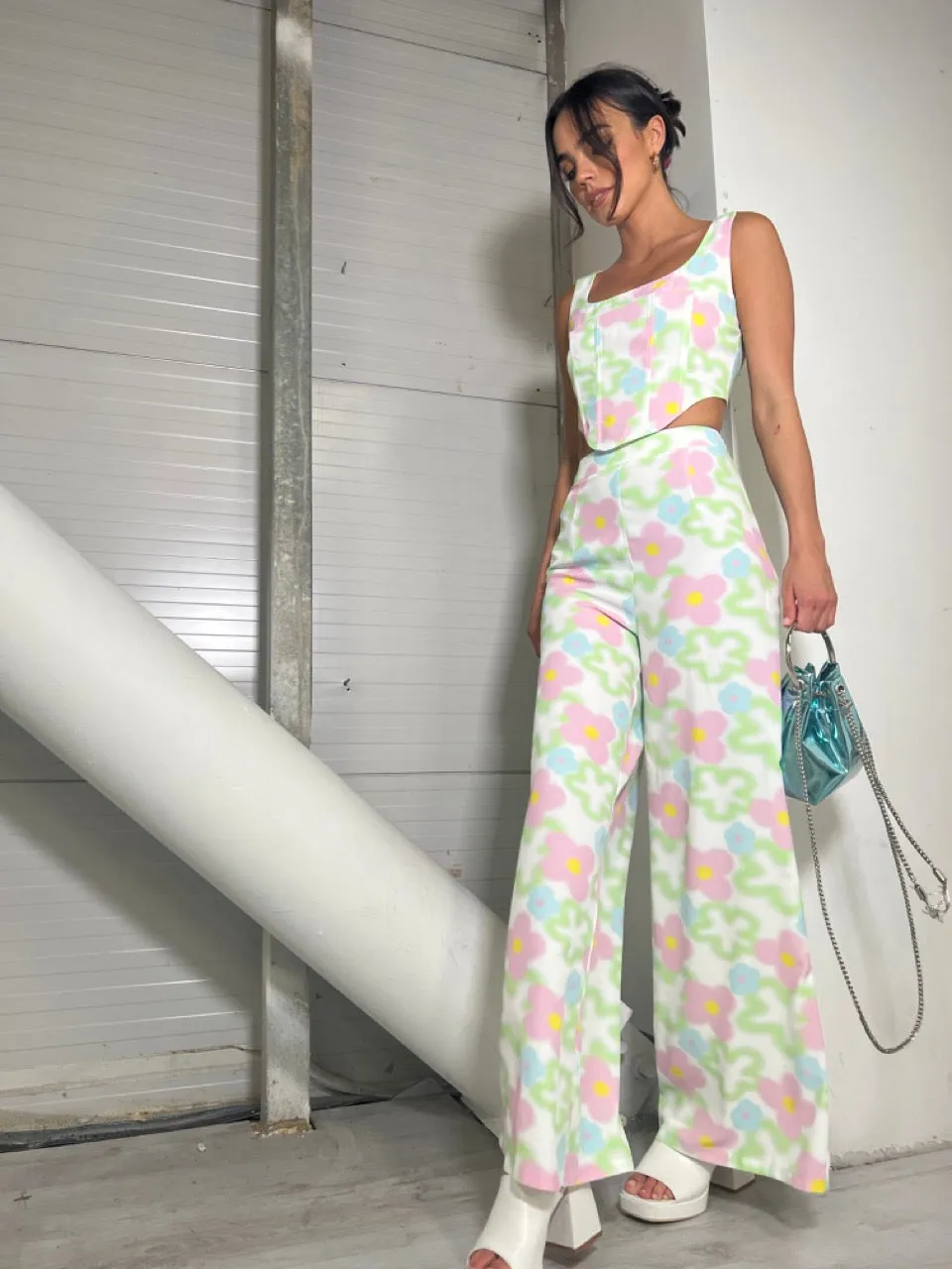 Multi-Blurred-Floral Wide Leg Trousers