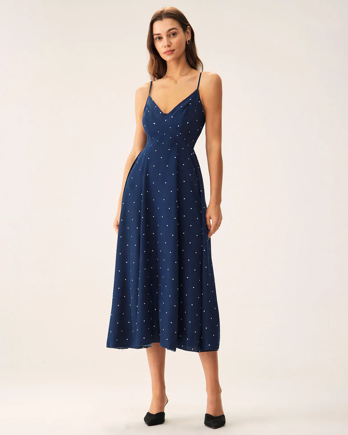 Navy Polka Dot Shirred Slip Midi Dress