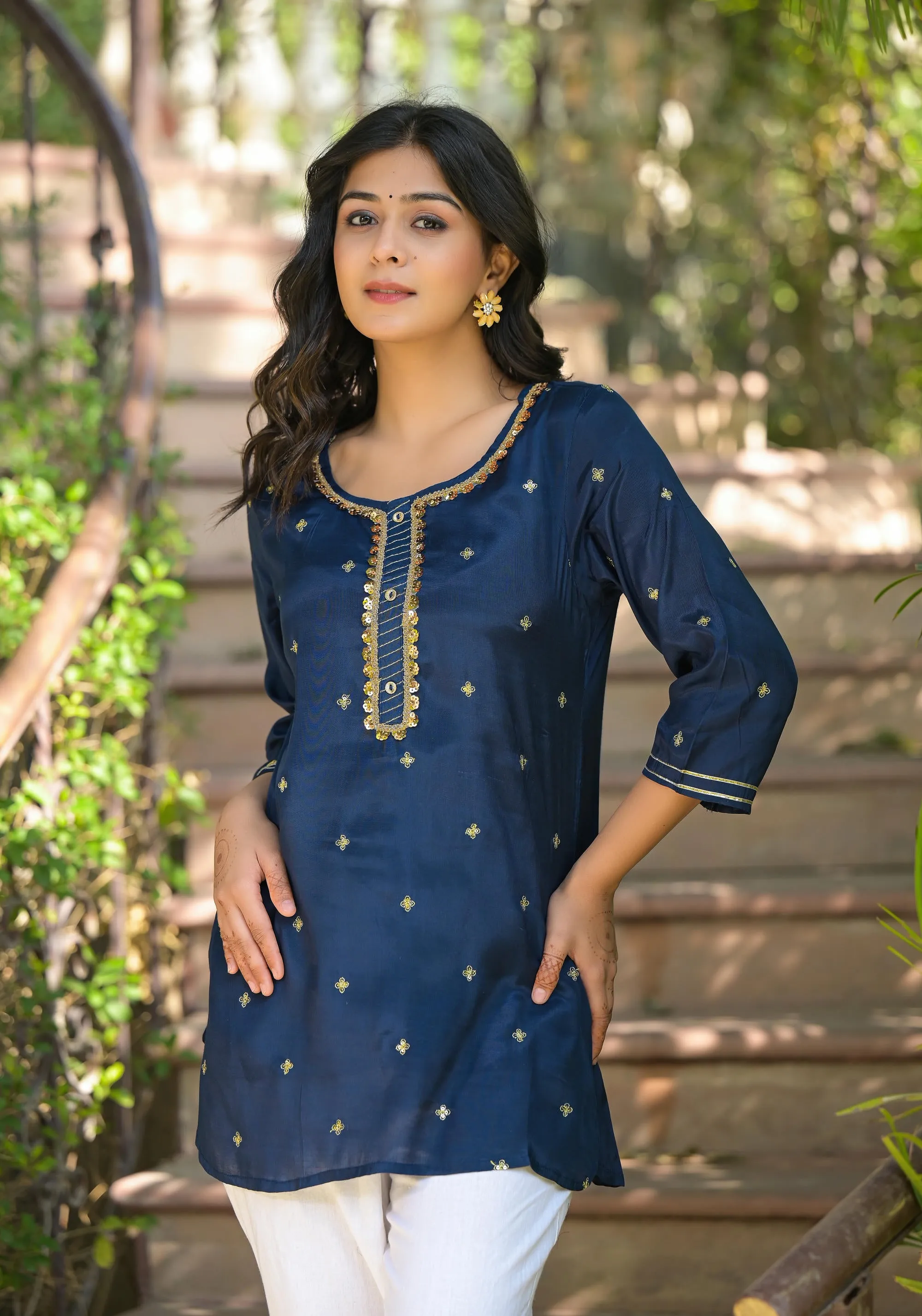 Navy Zari Embroidered Viscose Tunic With Sequins