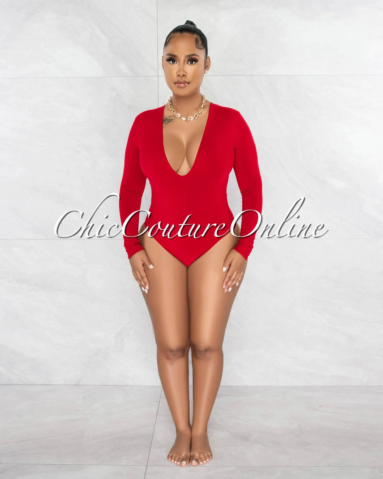 Nilam Red Deep V Neck Long Sleeves Bodysuit