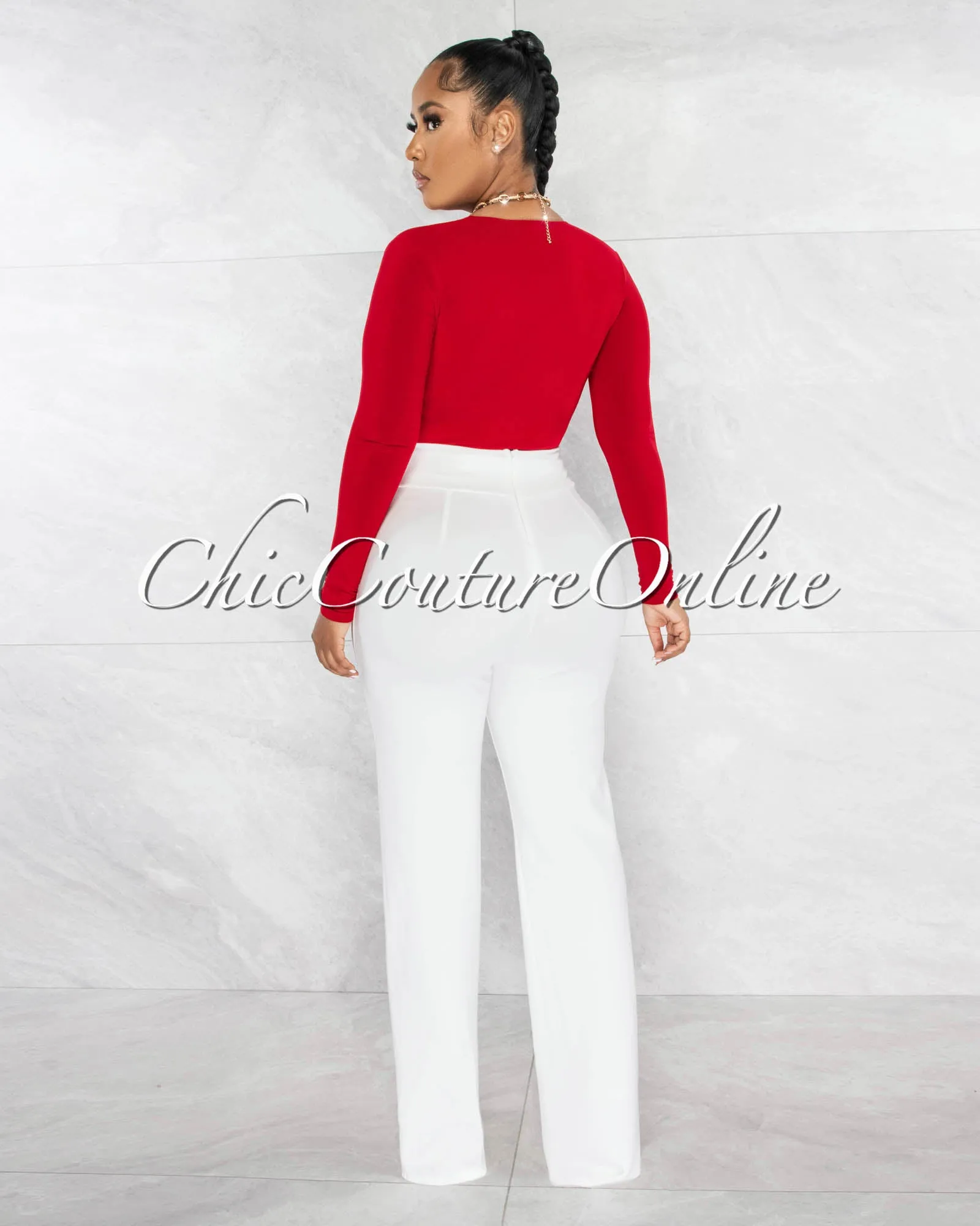 Nilam Red Deep V Neck Long Sleeves Bodysuit