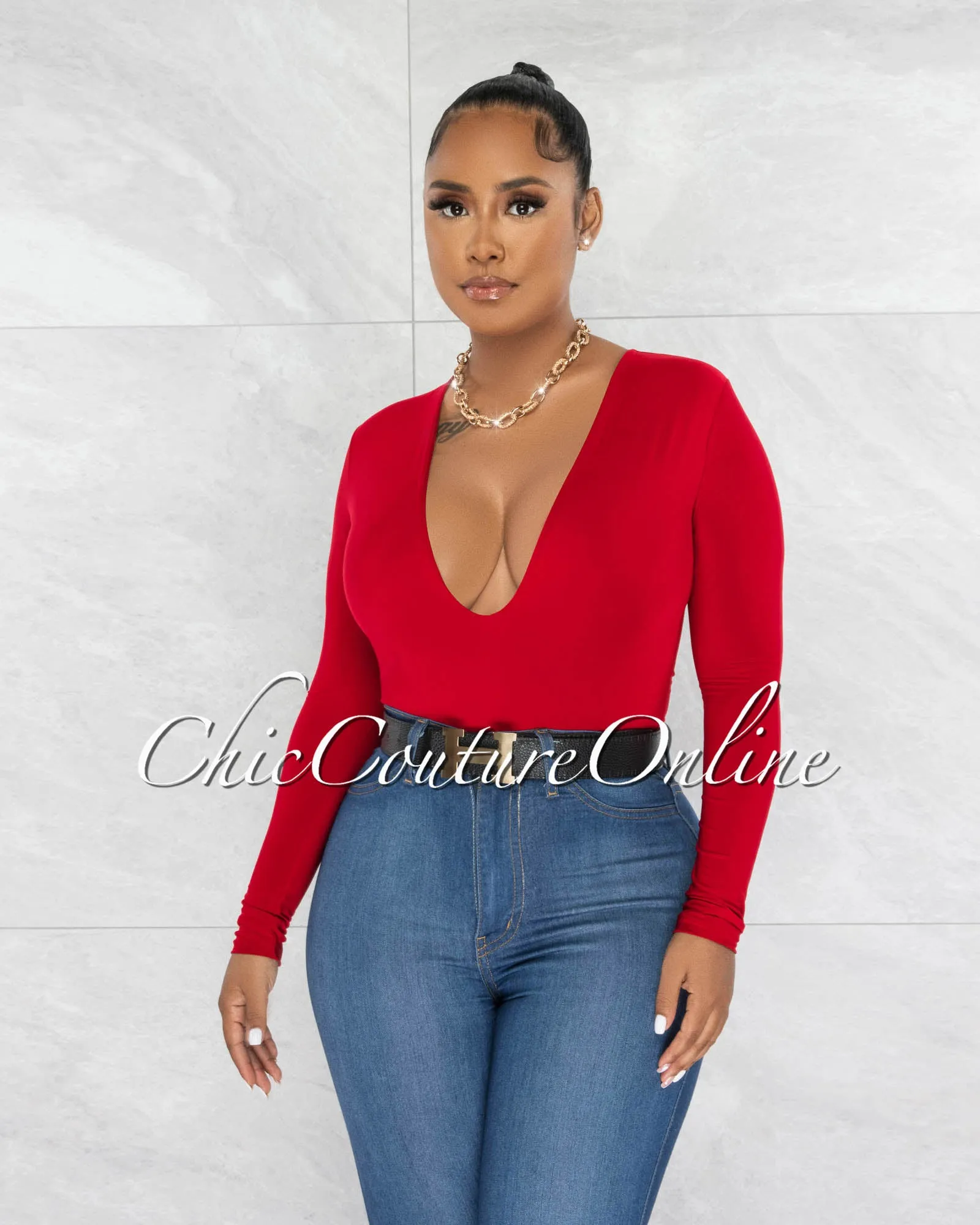 Nilam Red Deep V Neck Long Sleeves Bodysuit