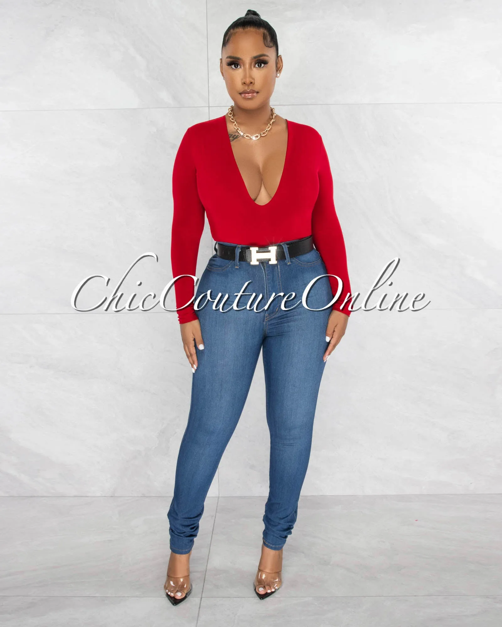 Nilam Red Deep V Neck Long Sleeves Bodysuit