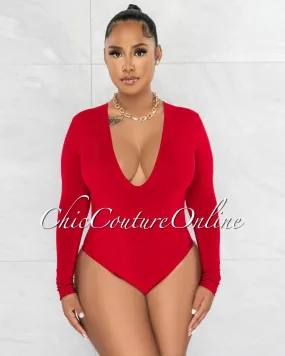 Nilam Red Deep V Neck Long Sleeves Bodysuit