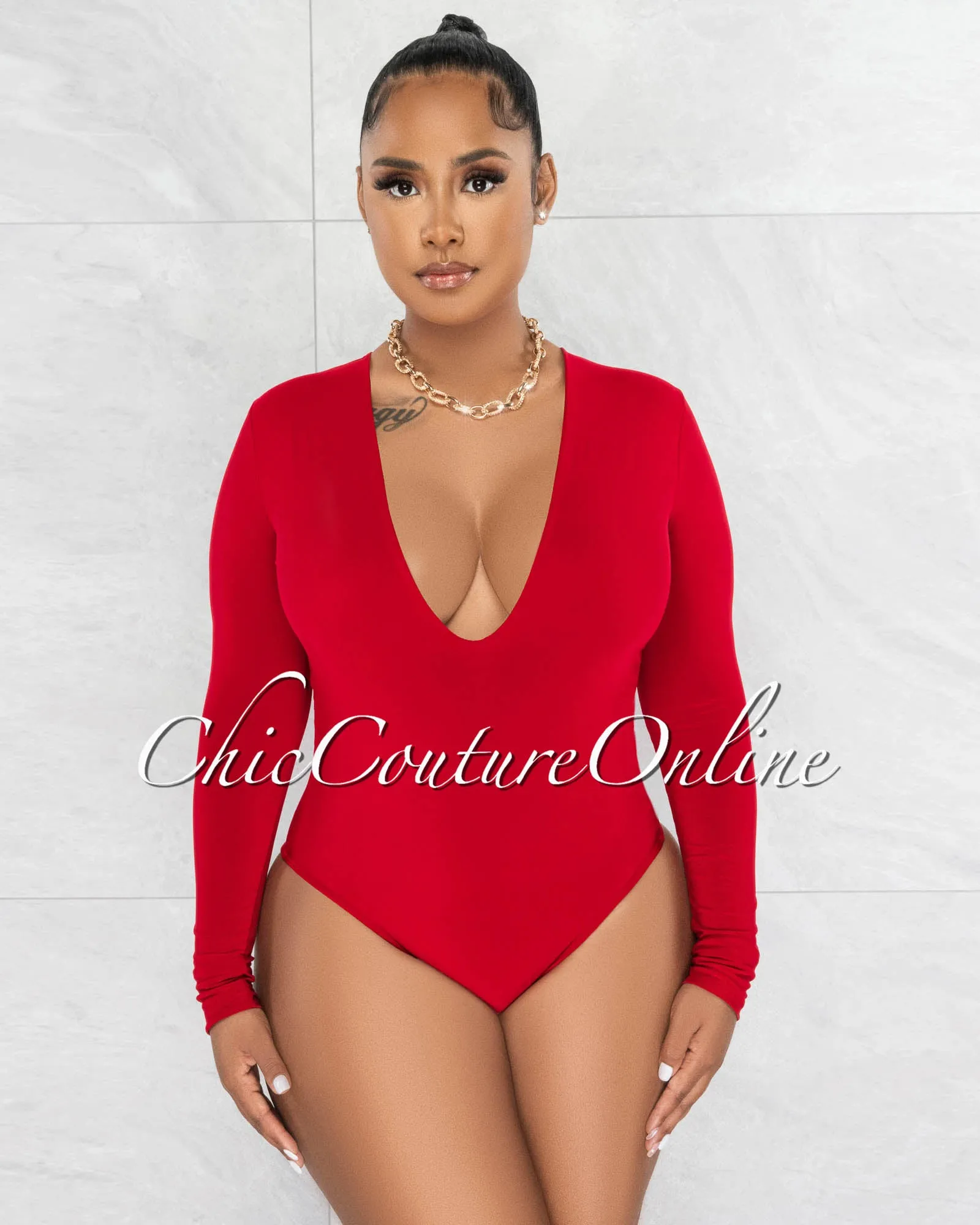 Nilam Red Deep V Neck Long Sleeves Bodysuit