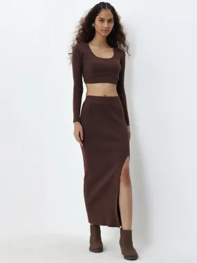 Nuon Brown Ribbed Textured High-Rise Skirt