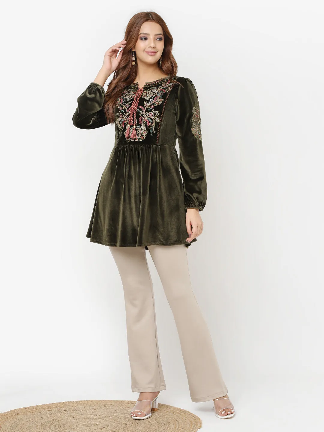 Olive Velvet Tunic with Threadwork and Tassels