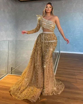 One Sleeve Detachable Train Gold Dress