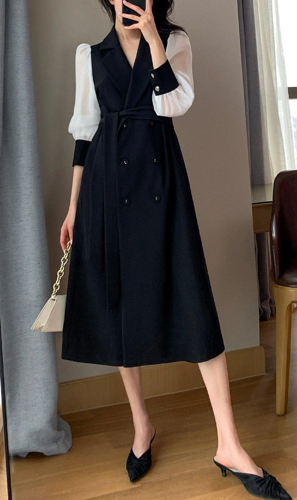 Patchwork Long Sleeve Belted Blazer Dress