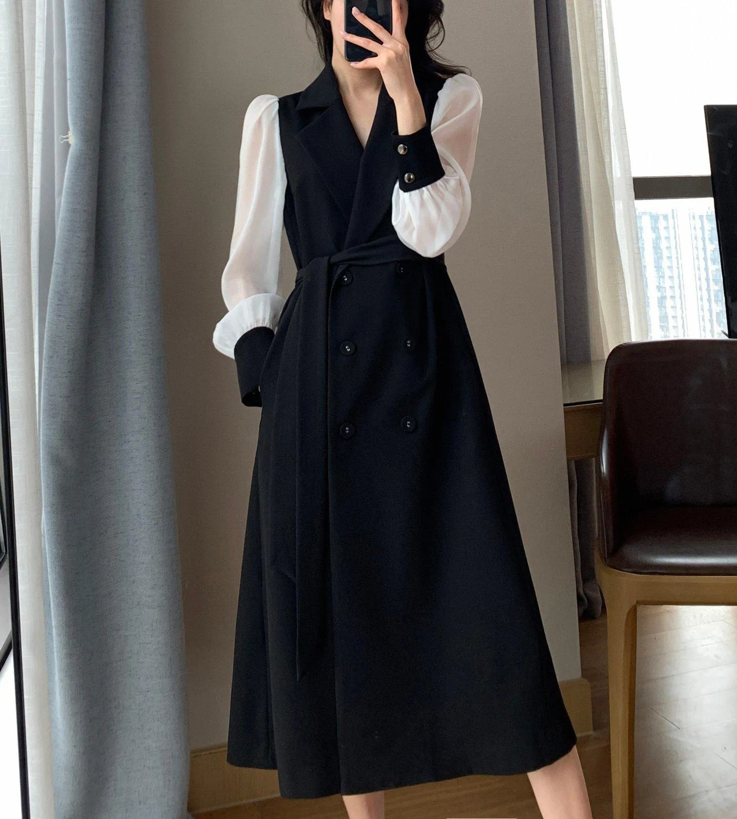 Patchwork Long Sleeve Belted Blazer Dress