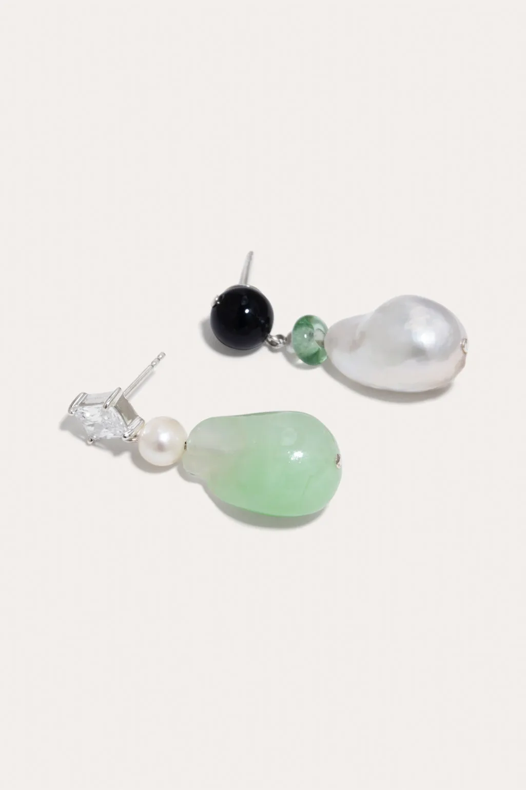 Peat - Pearl, Onyx, Glass Bead, Bio Resin and Zirconia Recycled Silver Earrings