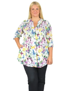 Pleat Front Butterfly Printed Cotton Top - Plus Size