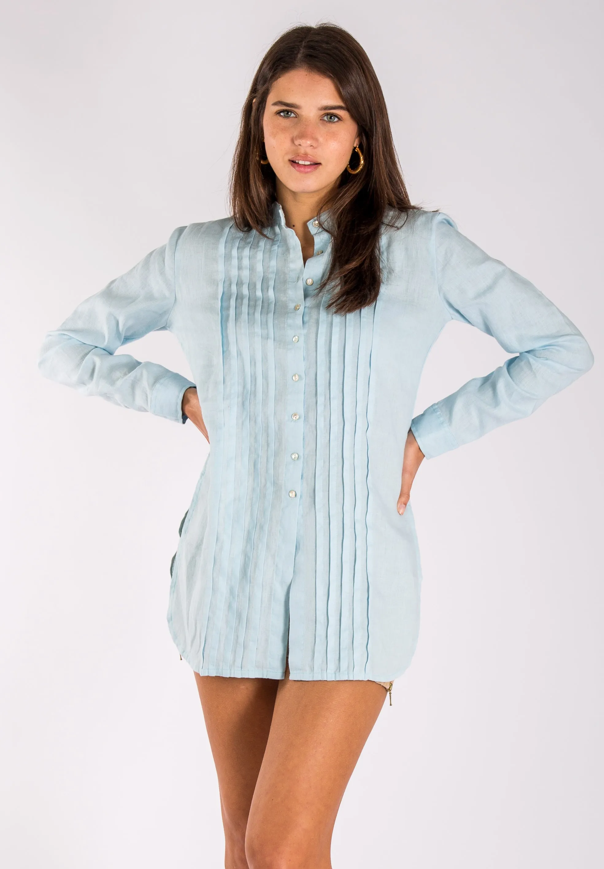 Pleated Button-Down Linen Tunic