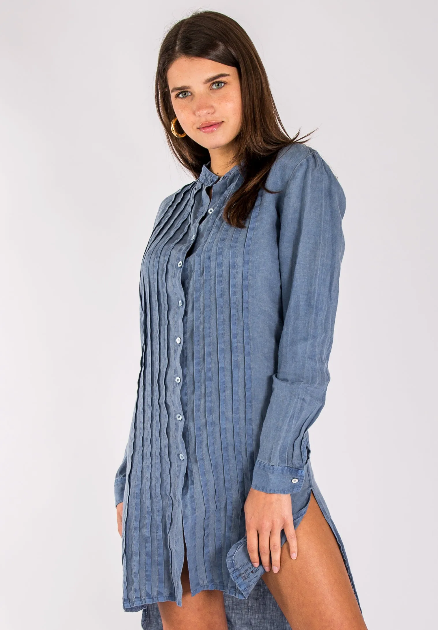 Pleated Button-Down Linen Tunic