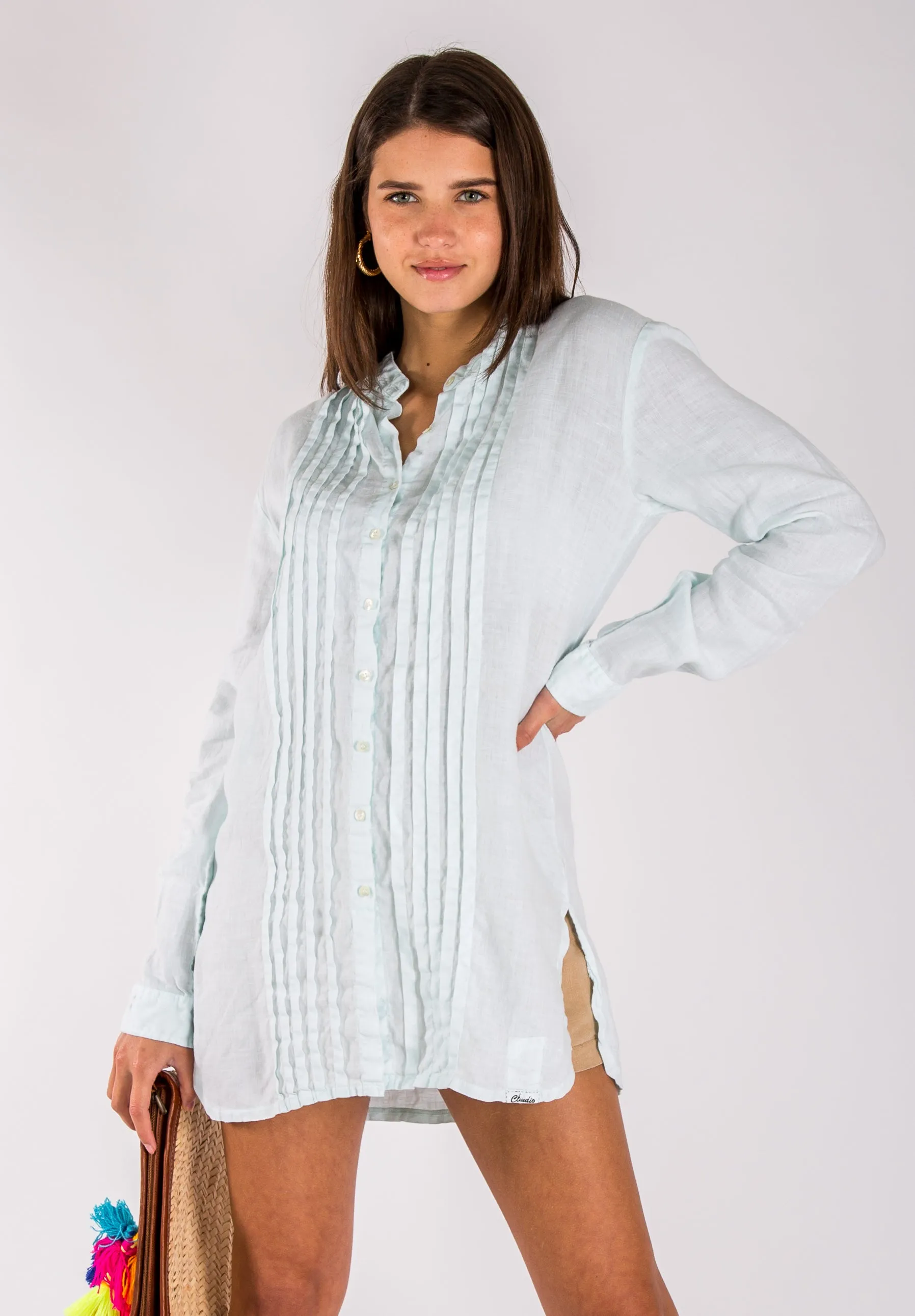 Pleated Button-Down Linen Tunic