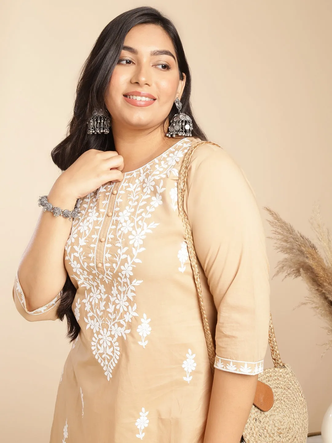 Plus Size Cream Cotton Chikankari Regular Tunic  - By Janasya