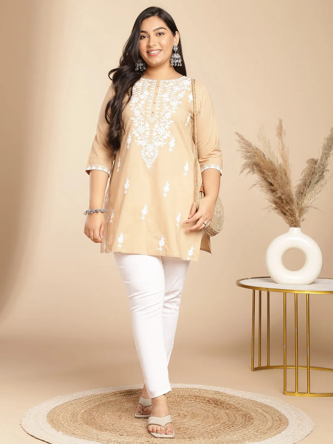 Plus Size Cream Cotton Chikankari Regular Tunic  - By Janasya