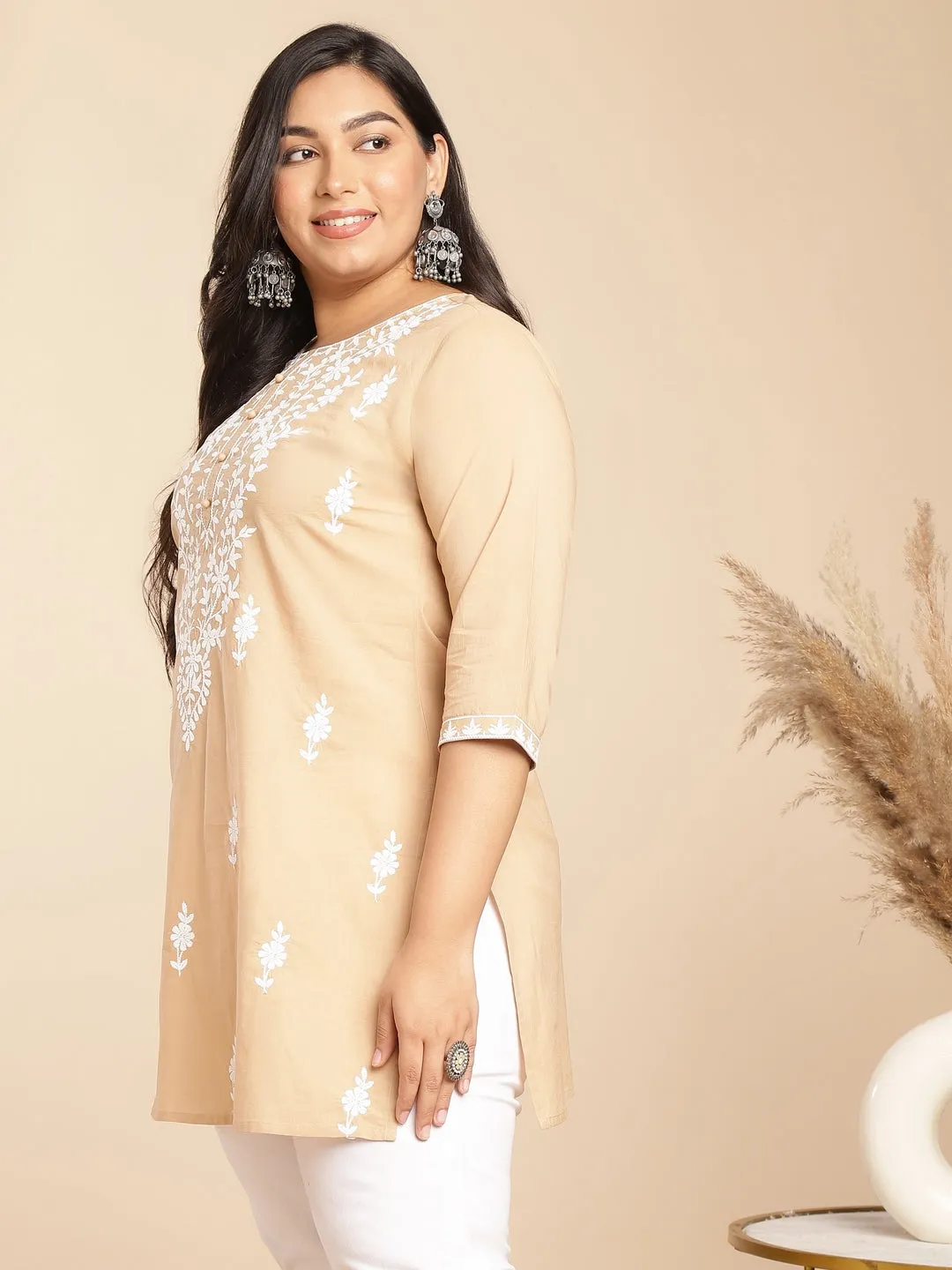 Plus Size Cream Cotton Chikankari Regular Tunic  - By Janasya