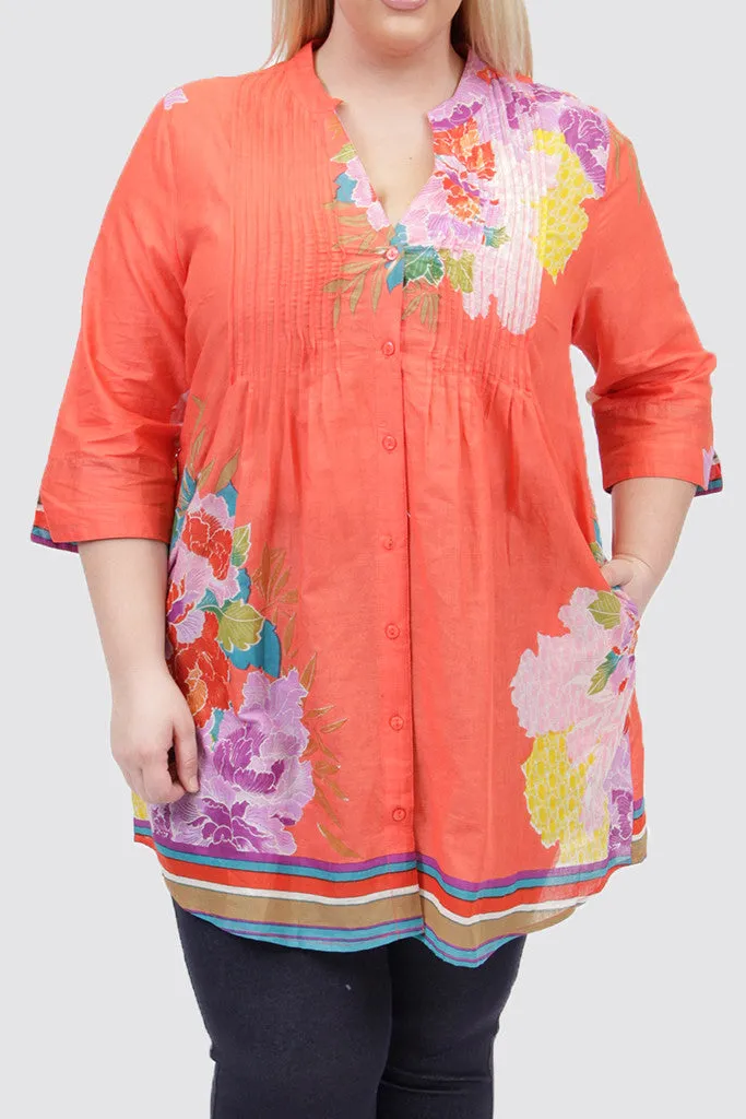 Plus Size Floral Border Print Tunic with Release Pleats