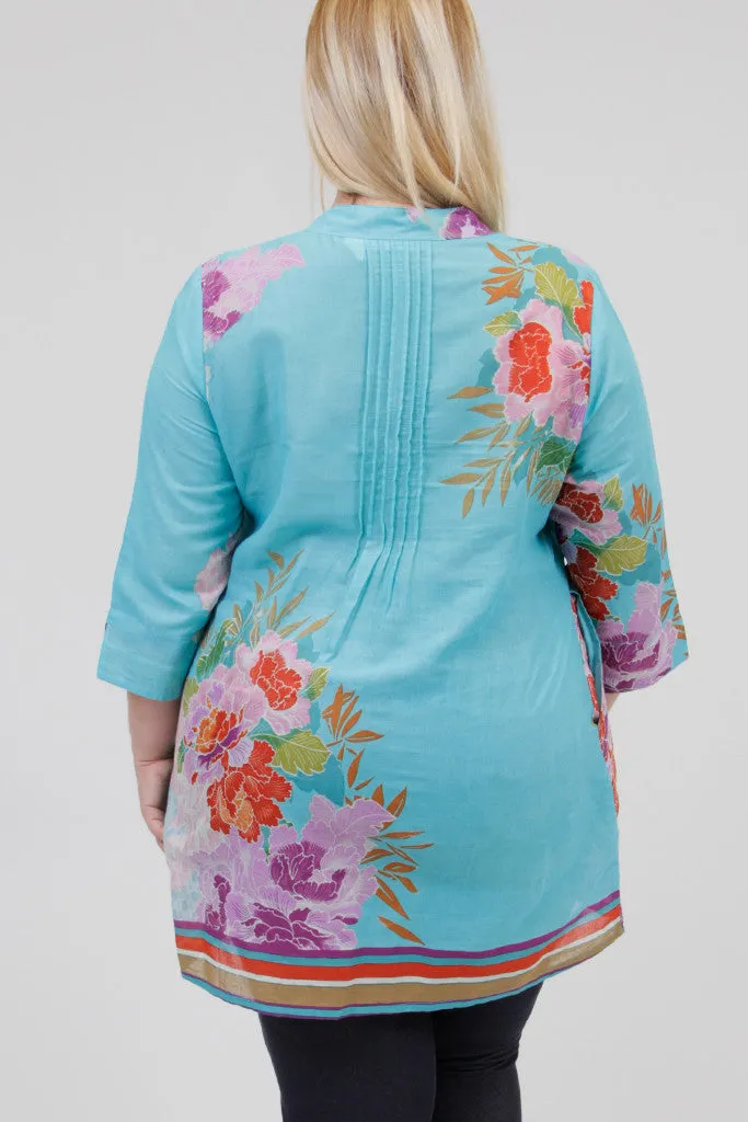 Plus Size Floral Border Print Tunic with Release Pleats