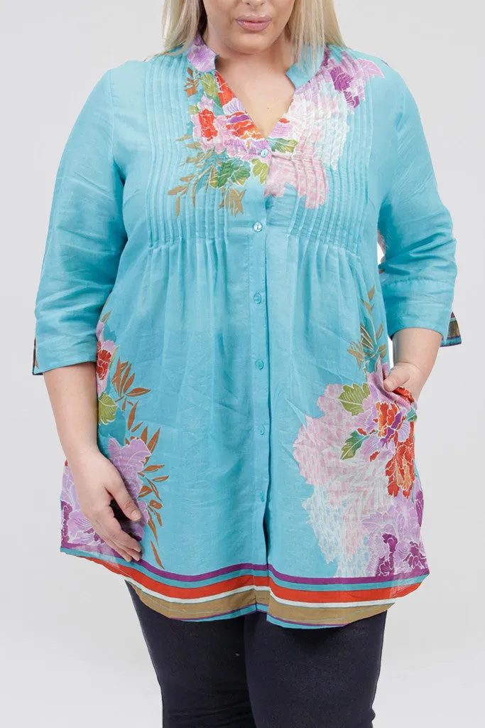 Plus Size Floral Border Print Tunic with Release Pleats