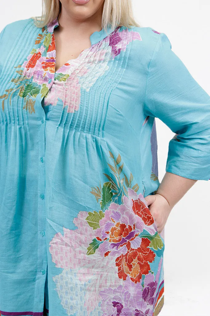 Plus Size Floral Border Print Tunic with Release Pleats