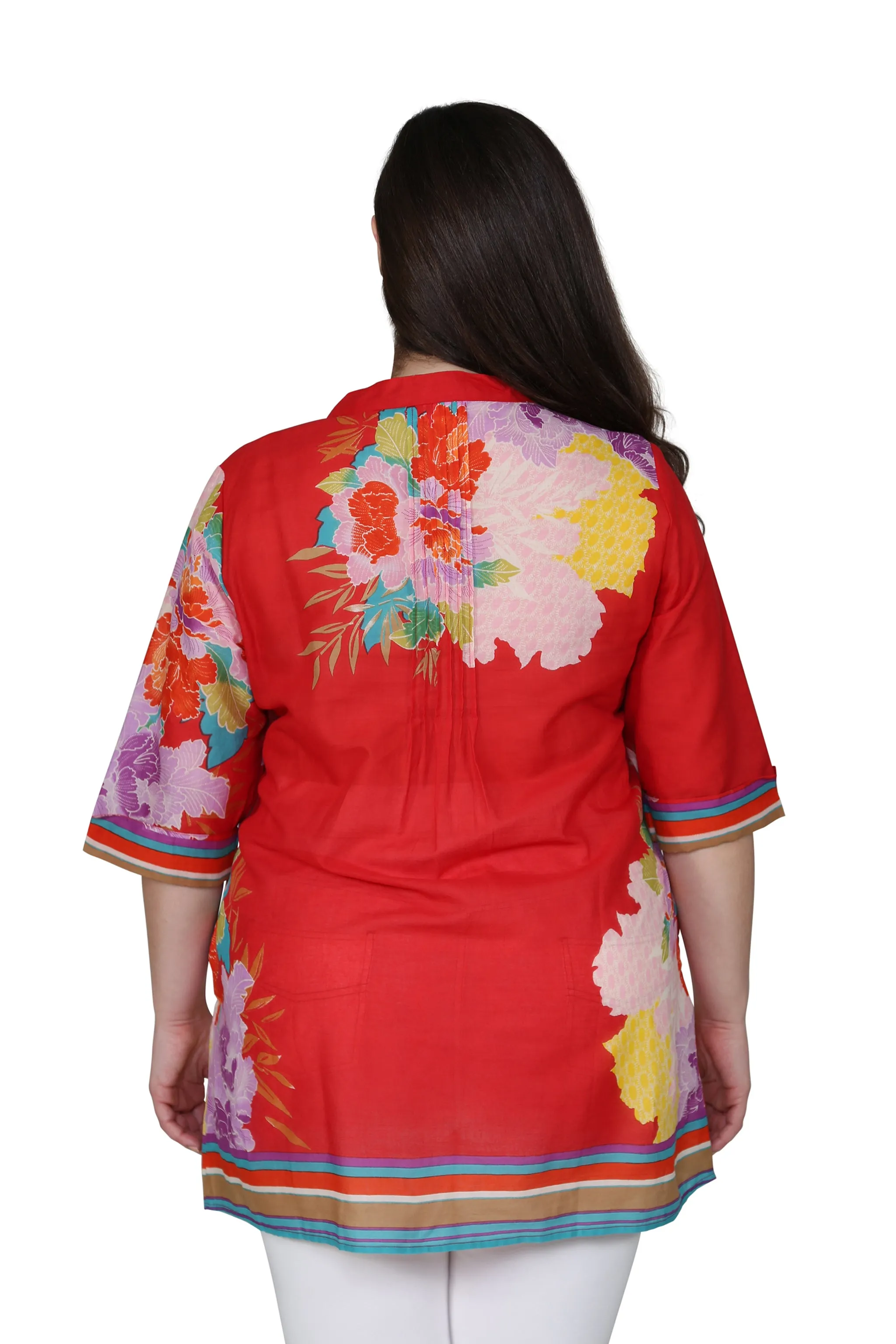 Plus Size Floral Border Print Tunic with Release Pleats