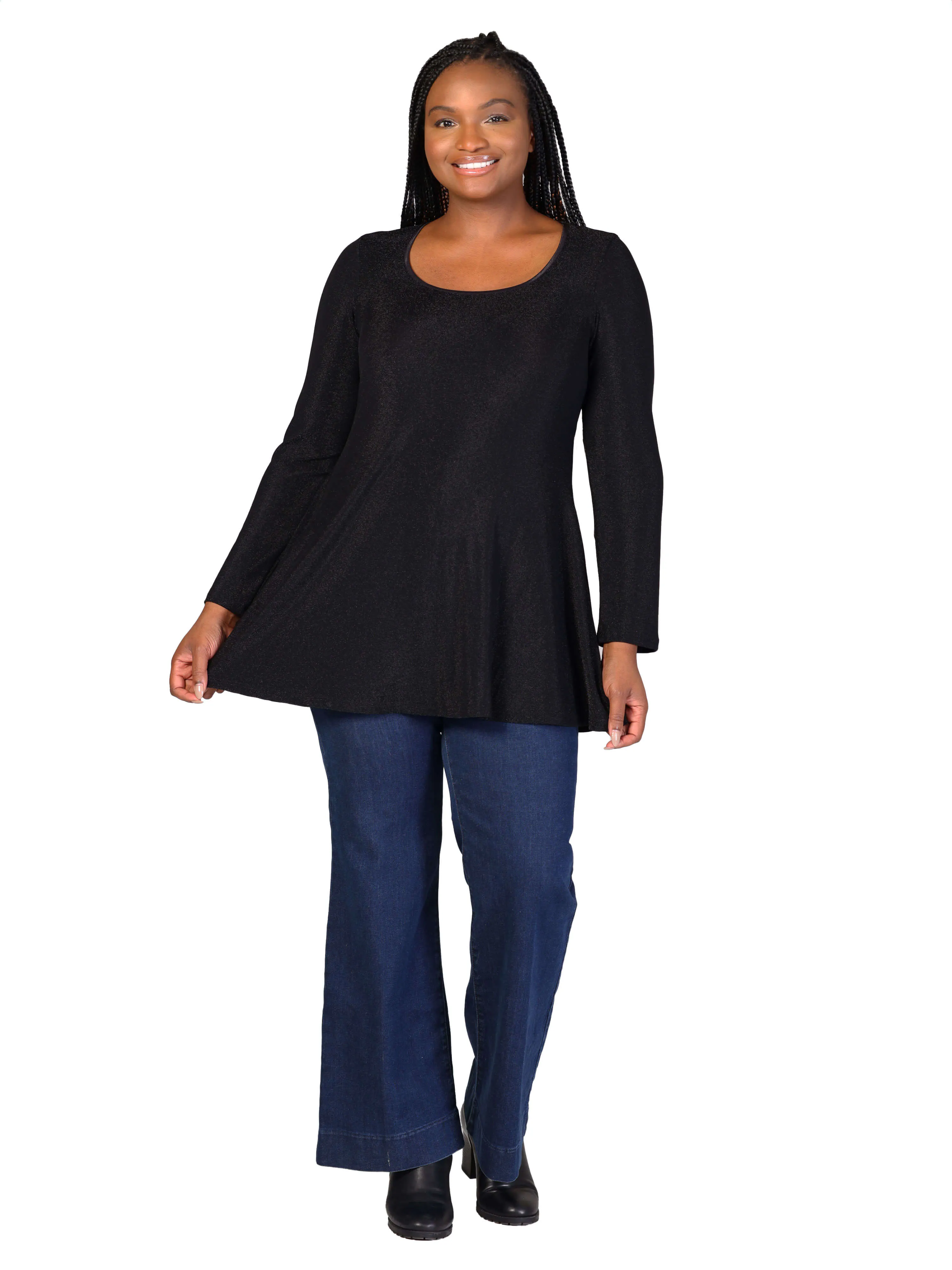 Plus Size Scoop Neck Long Sleeve Shimmery Fabric Tunic Top