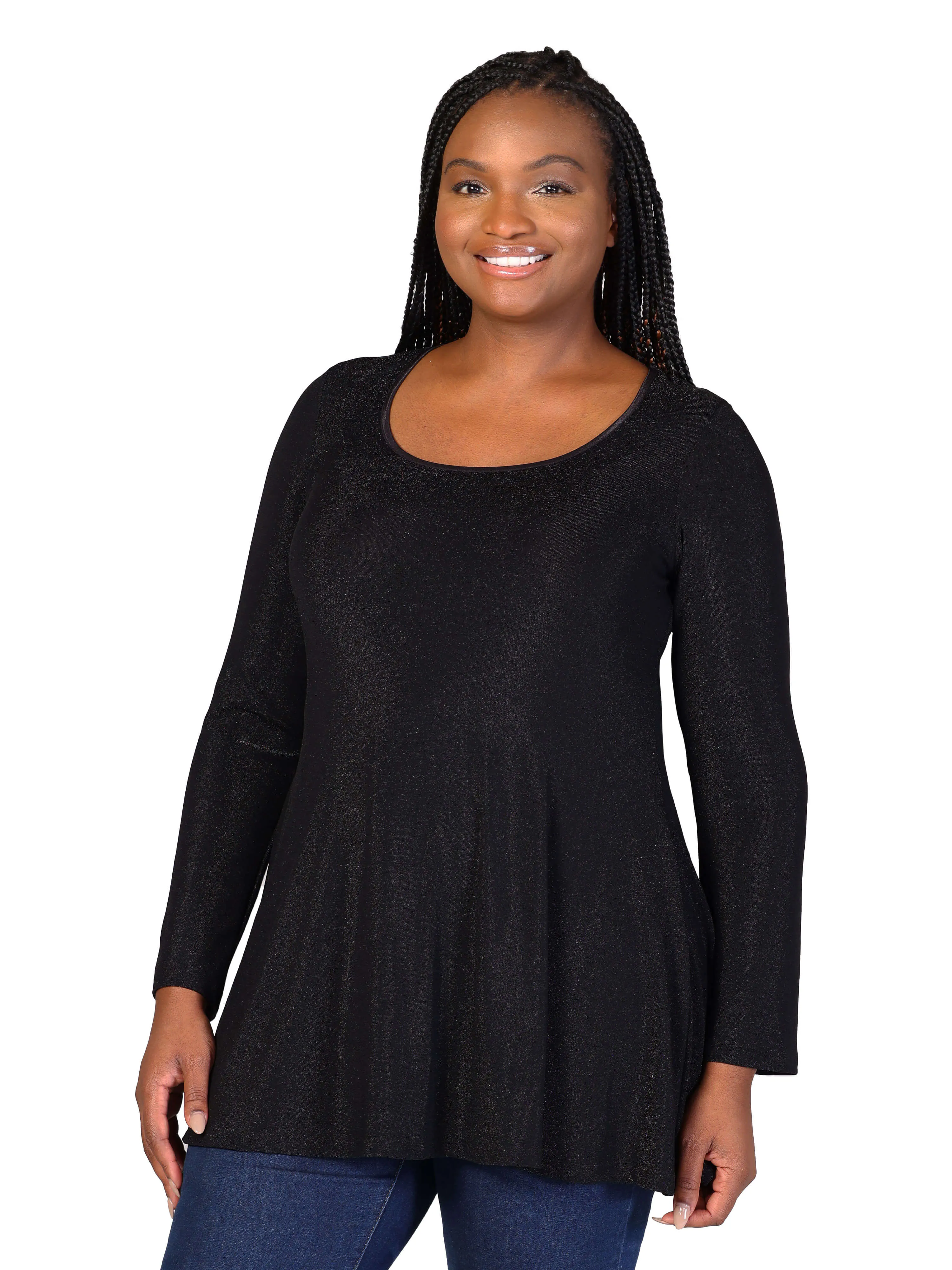 Plus Size Scoop Neck Long Sleeve Shimmery Fabric Tunic Top