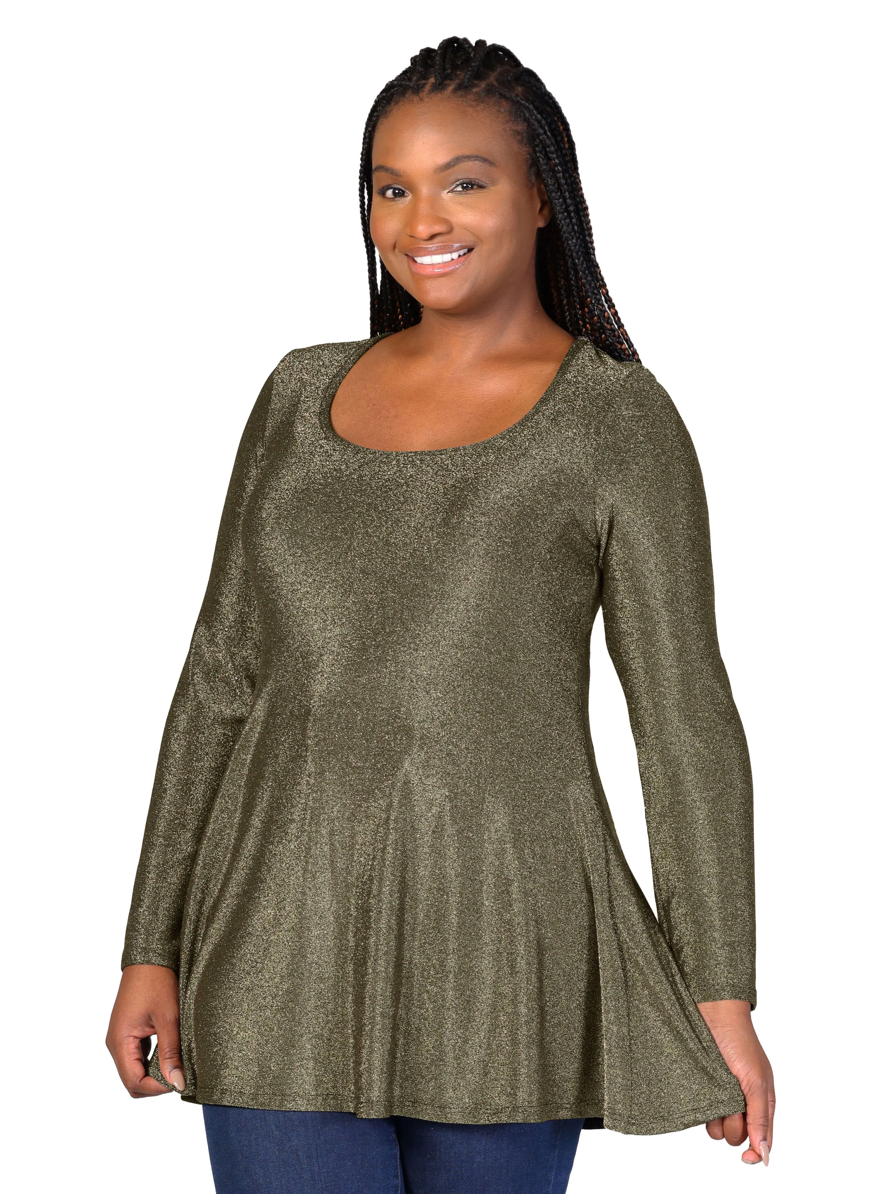 Plus Size Scoop Neck Long Sleeve Shimmery Fabric Tunic Top