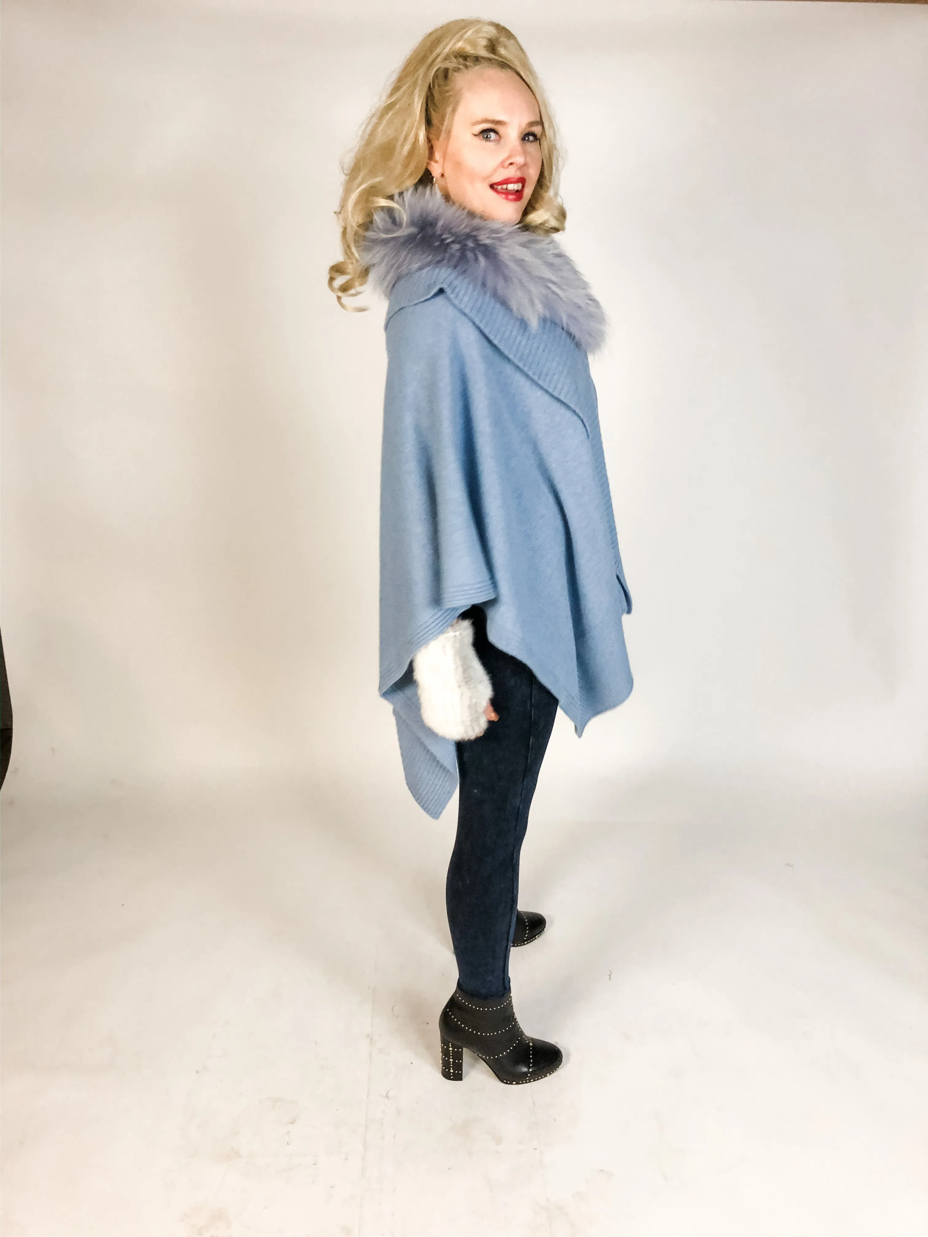 Premium Cashmere Cape with Fur Collar