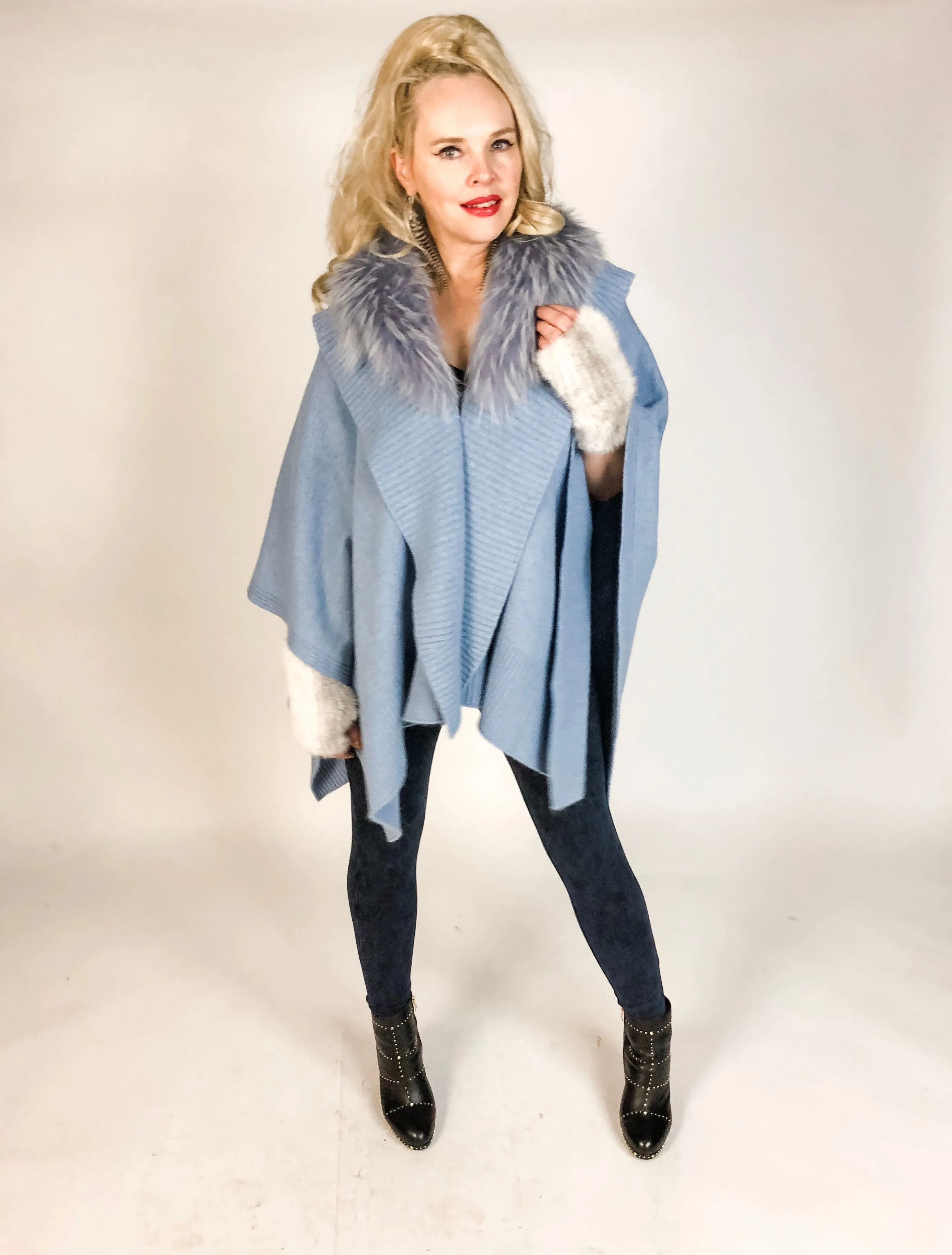 Premium Cashmere Cape with Fur Collar