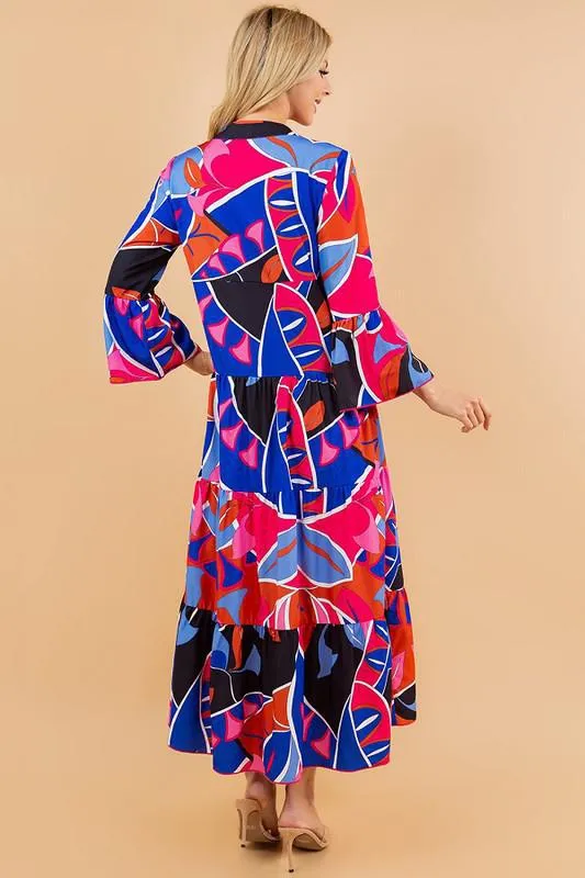 PRINTED LONG SLEEVE V-NECK LONG TUNIC DRESS