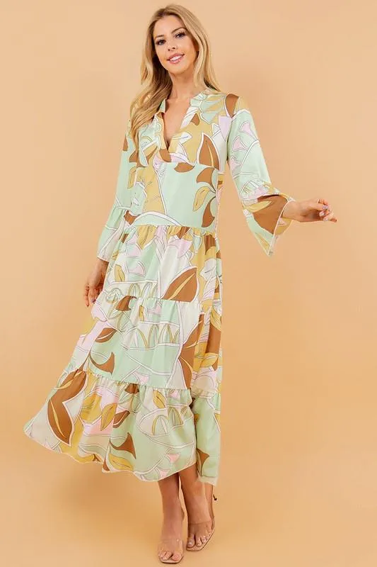 PRINTED LONG SLEEVE V-NECK LONG TUNIC DRESS