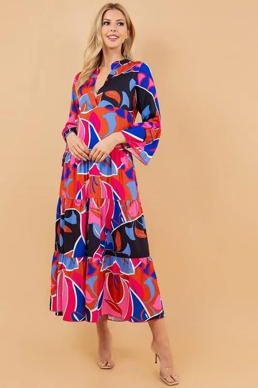 PRINTED LONG SLEEVE V-NECK LONG TUNIC DRESS